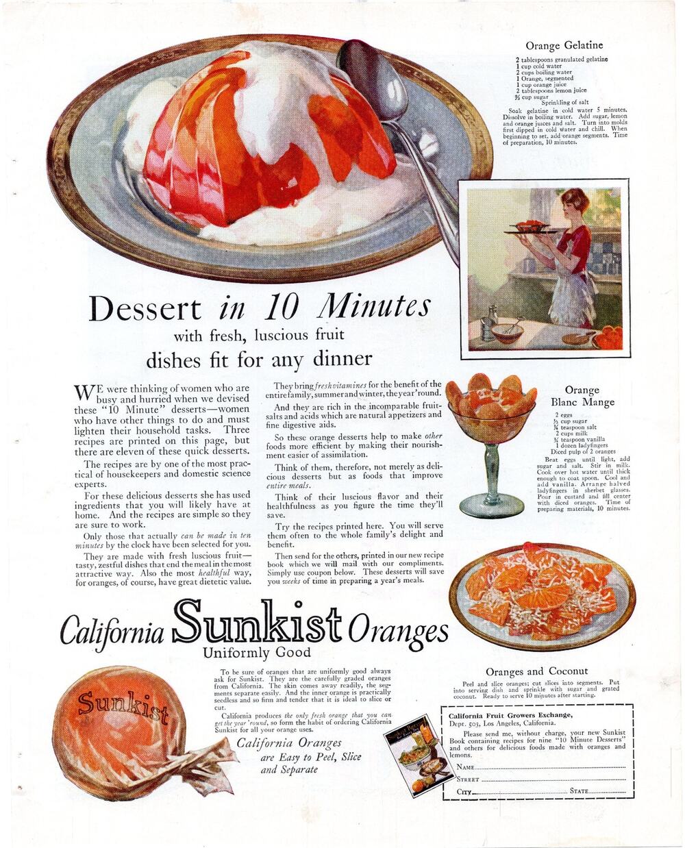 Sunkist Oranges / Jell-O Gelatin Advertisement 1925 Vtg Food Dessert California